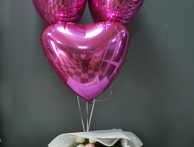 Bouquet of 35 White and Powder Pink Tulips and Foil Pink Heart-Shaped Balloons, Set of 3 photo